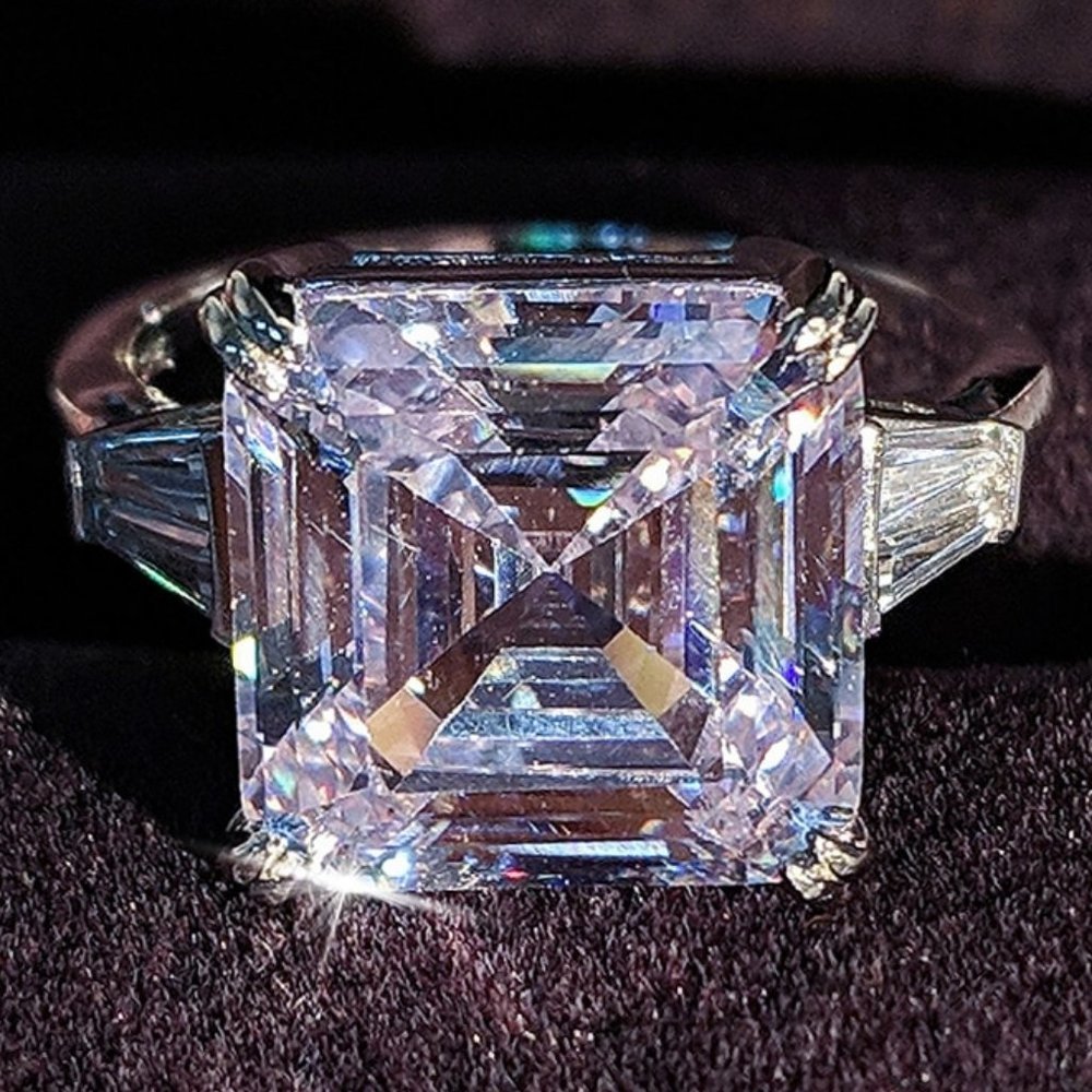 Platinum-Style Asscher Cut White Solitaire Ring with Baguette Accents